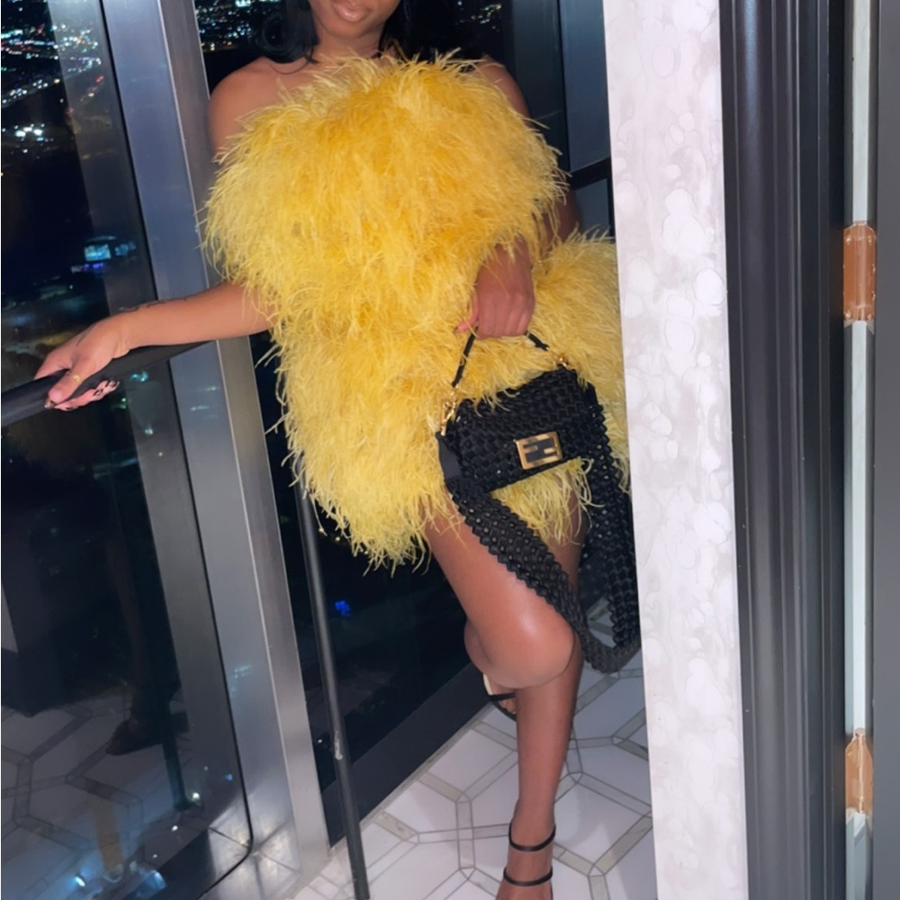 Custom Yellow Ostrich Feather Mini Dress
